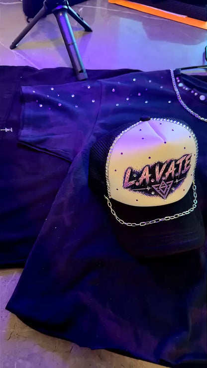 Custom rhinestone hat and tee with chain accessories